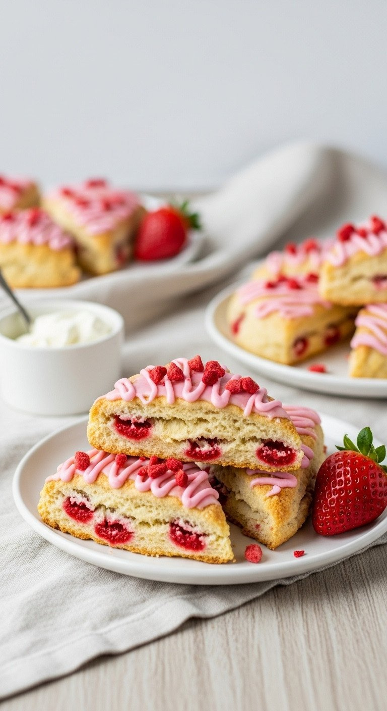Flaky Strawberry Cream Scones With Pink Icing Drizzle, Arranged On A White Plate With Clotted Cream And Strawberry.