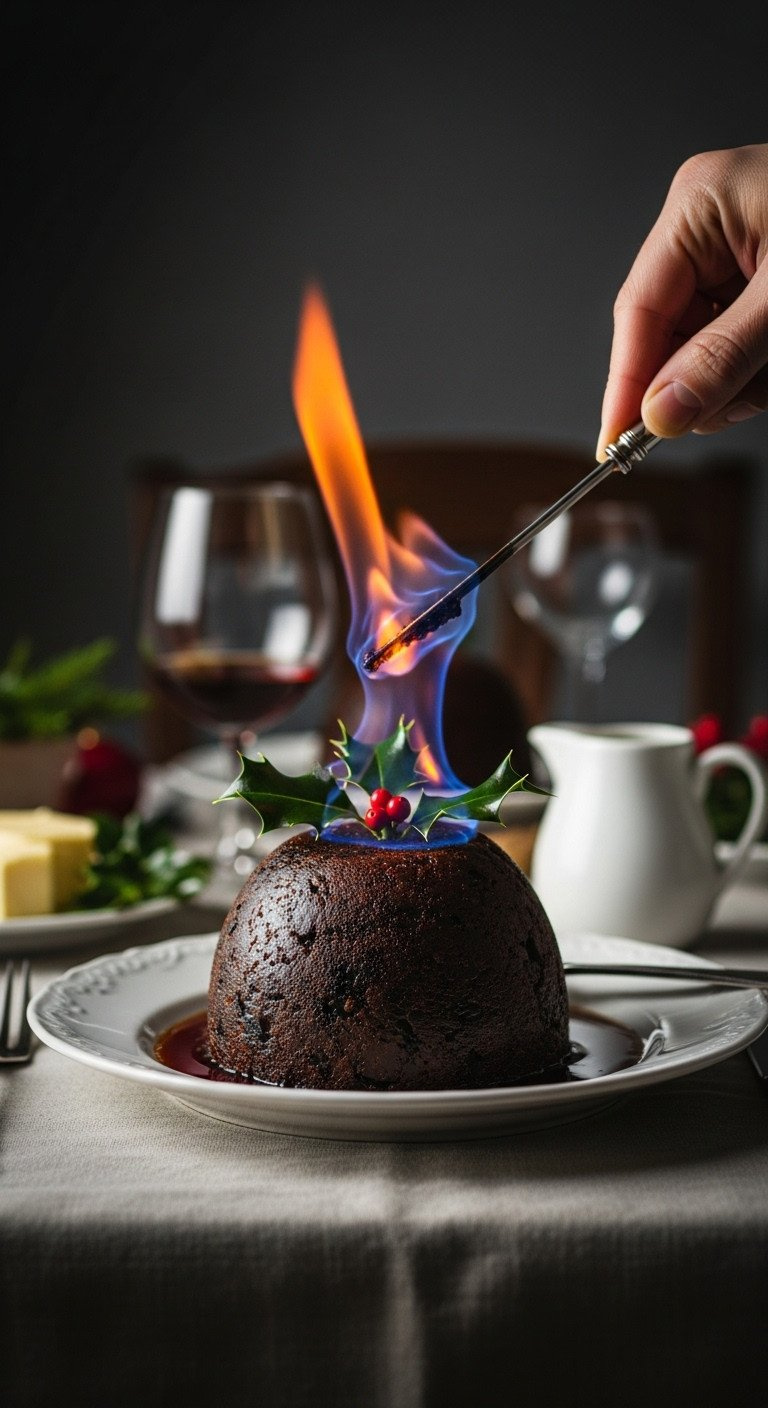 Flaming British Christmas Pudding With Brandy Flames, Holly Sprig. Traditional Holiday Dessert Served On A Festive Table.