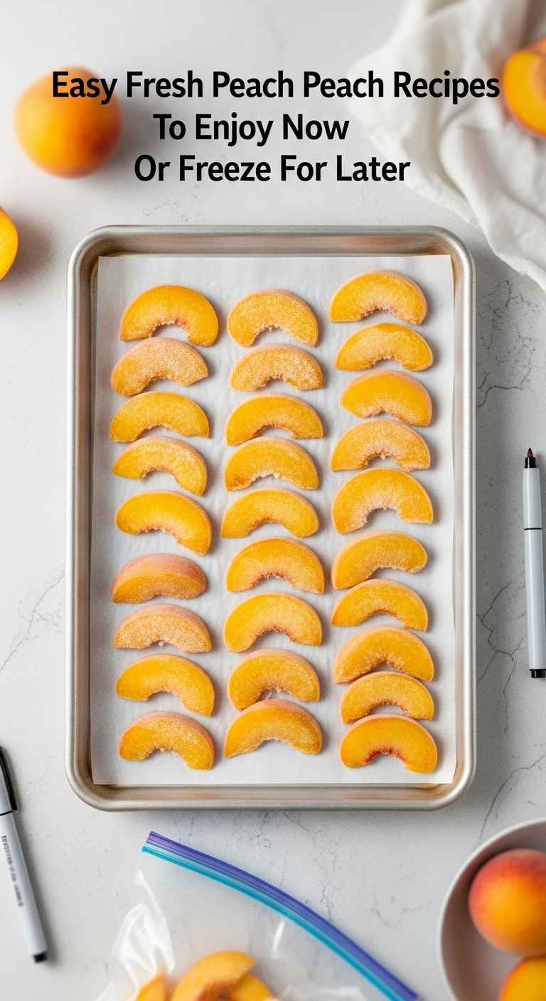Flash-Frozen Peach Slices On A Parchment-Lined Baking Sheet Ready For Storage In A Clean Kitchen Setting