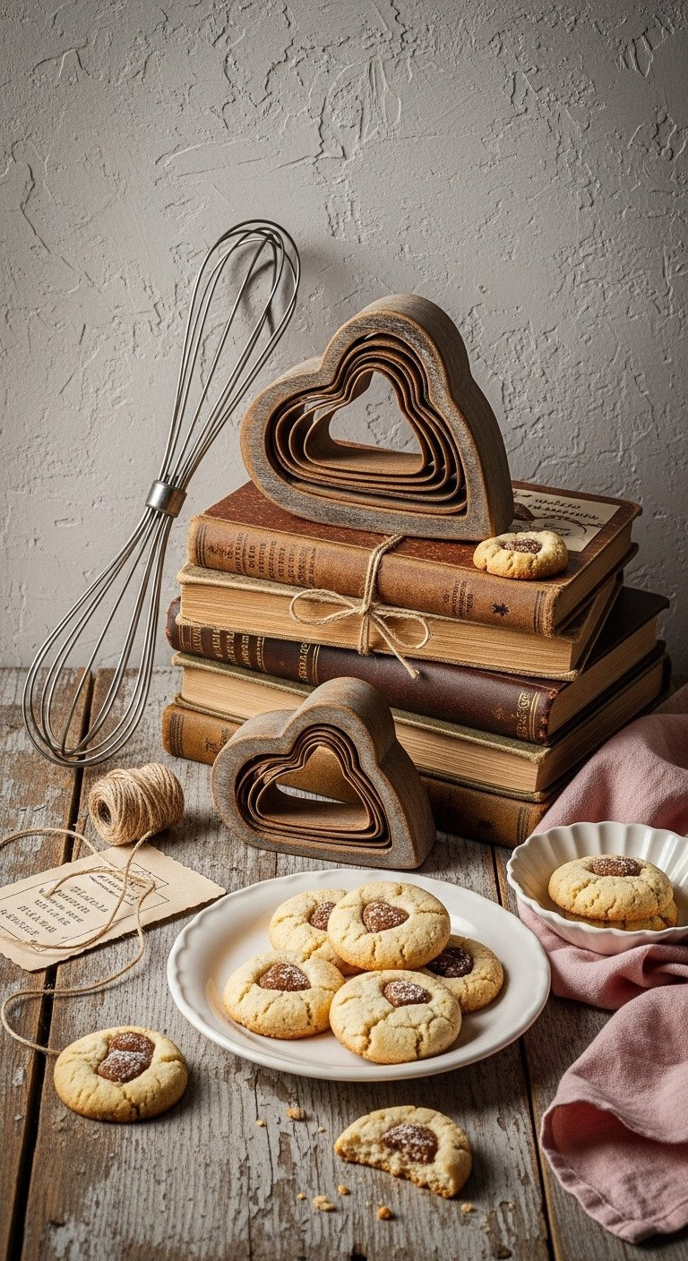 Flat Lay: Antique Whisk, Old Cookbooks, Distressed Heart Cookie Cutters, Fresh Cookies On Wood. Rustic Vintage Baking Aesthetic.
