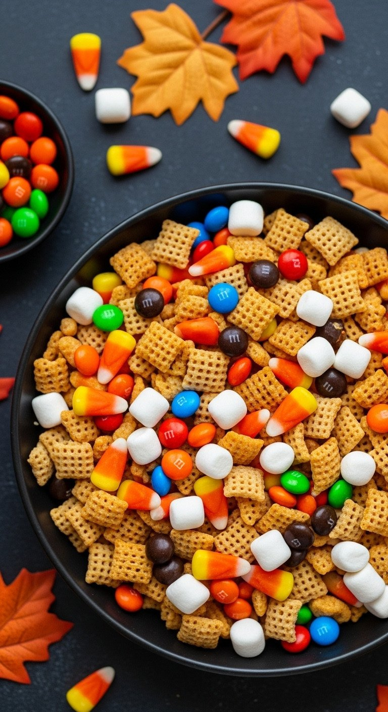 Flat Lay Halloween Candy Corn Harvest Hash Chex Mix, M&Amp;M's, Marshmallows, Candy Corn, Autumn Leaves. Festive Treat.