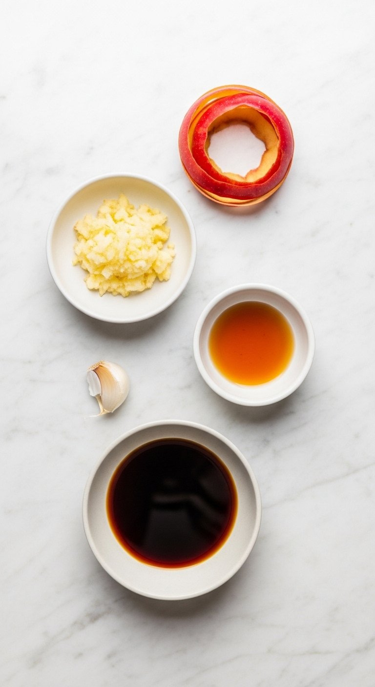 Flat Lay Arrangement Of Yakiniku Sauce Ingredients Including Grated Apple, Soy Sauce, Mirin, Sake, And Garlic.