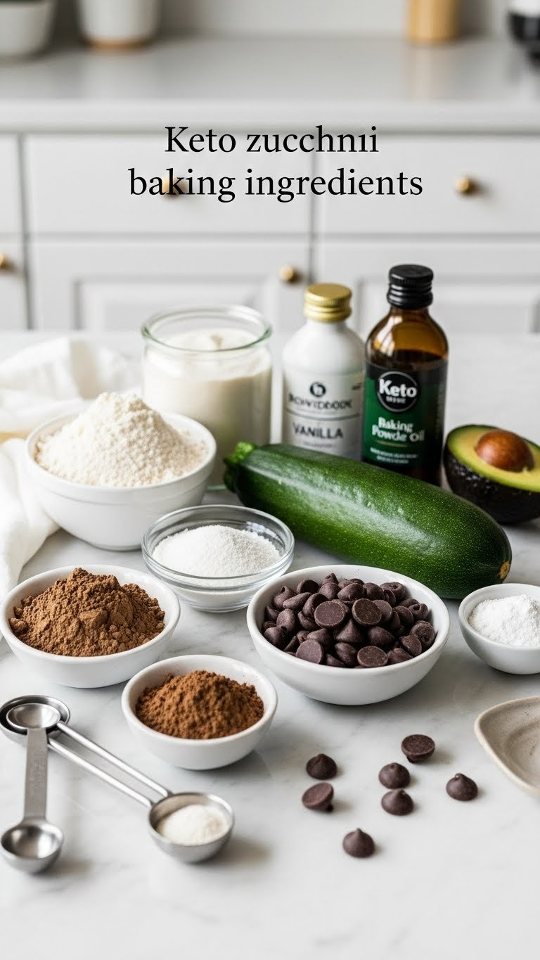 Flat Lay Arrangement Of Keto Baking Ingredients Including Almond Flour, Cocoa Powder, And Zucchini