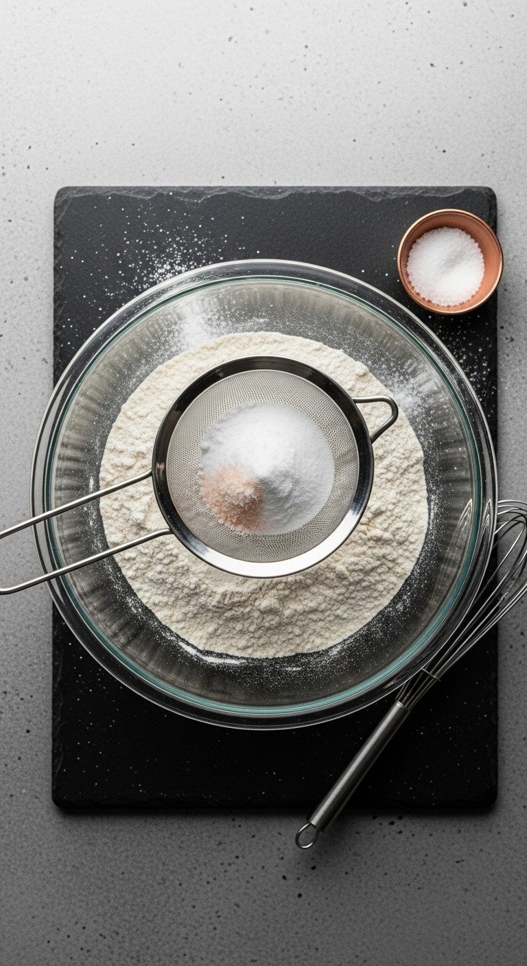 Flat Lay: Glass Mixing Bowl With Sifted All-Purpose Flour, Baking Soda, Salt On Dark Slate Counter. Fine-Mesh Sifter, Copper Bowl, Whisk.