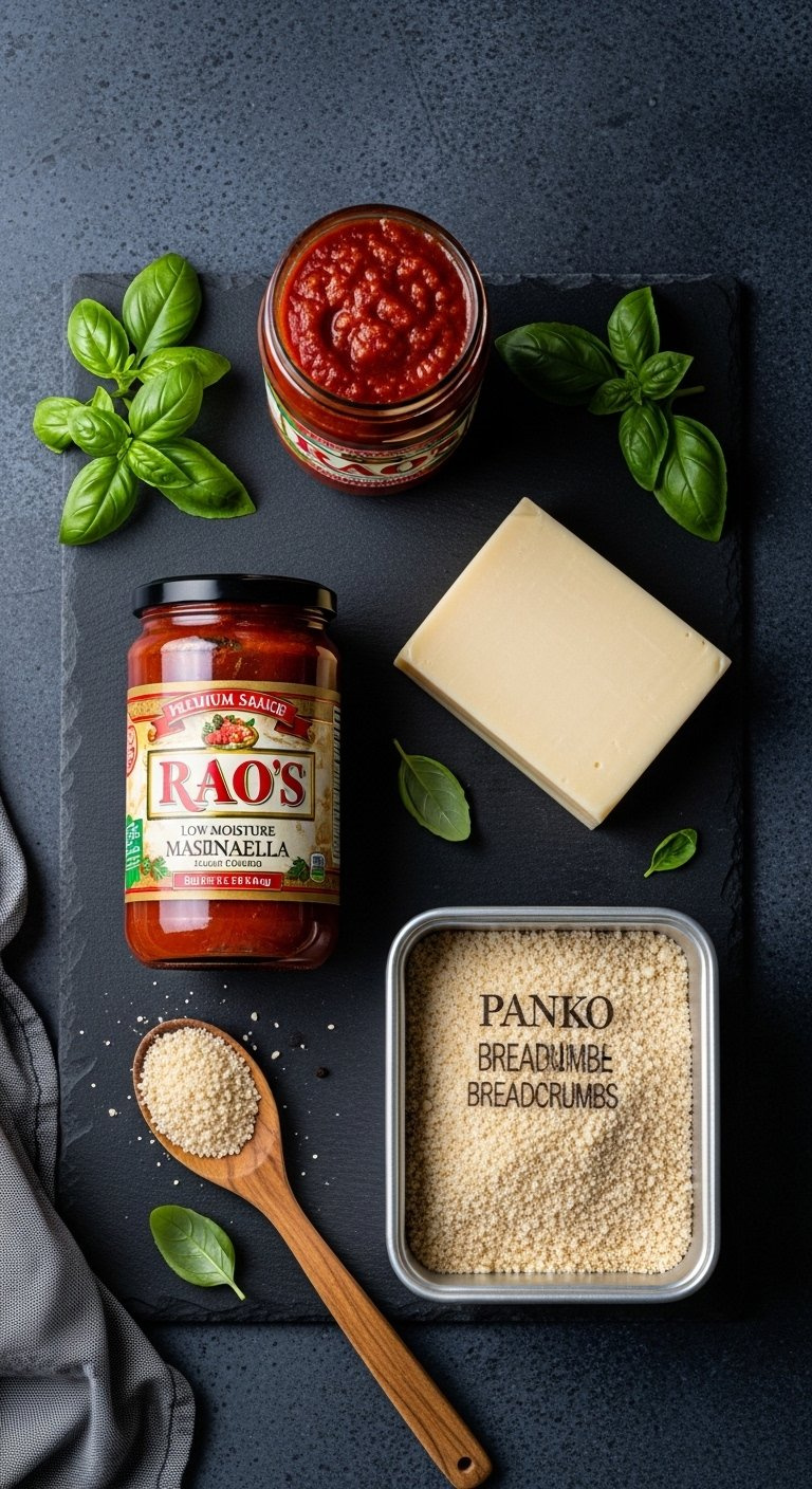 Flat Lay Ingredients For Chicken Parmesan Casserole Including Marinara Sauce And Mozzarella Cheese.