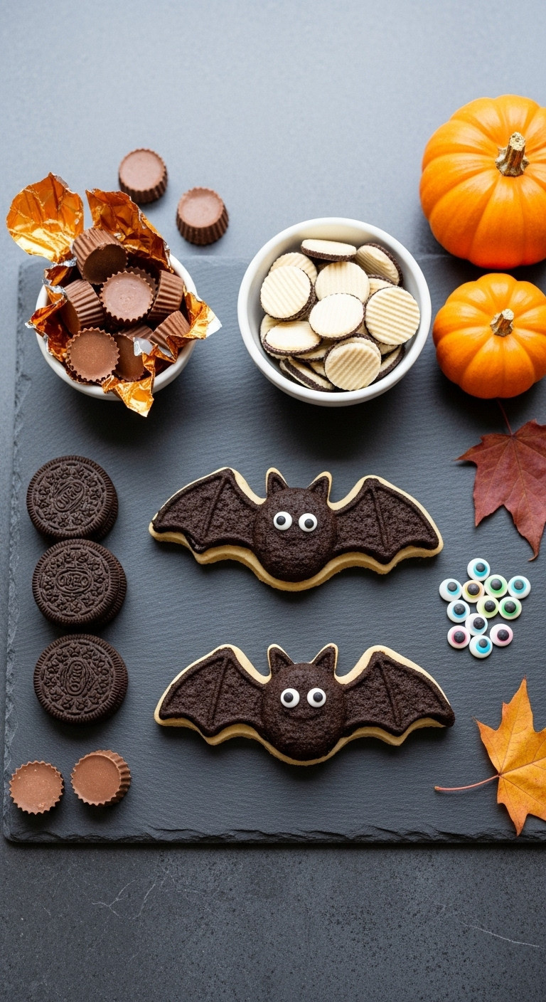Flat Lay Of 4 Core Ingredients For Halloween Bat Treats: Peanut Butter Cups, Oreo Thins, White Melting Chocolate, Edible Candy Eyes