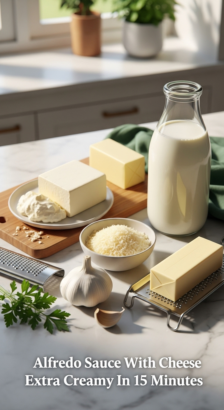 Flat Lay Of Alfredo Sauce Ingredients Cream Cheese Parmesan Garlic Butter And Milk For An Extra Creamy 15-Minute Recipe