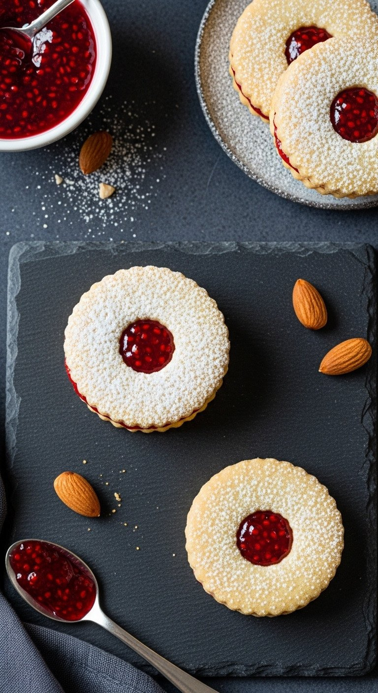 Flat Lay Of German Linzer Cookies With Raspberry Jam Centers And A Dusting Of Powdered Sugar On A Dark Slate Surface.