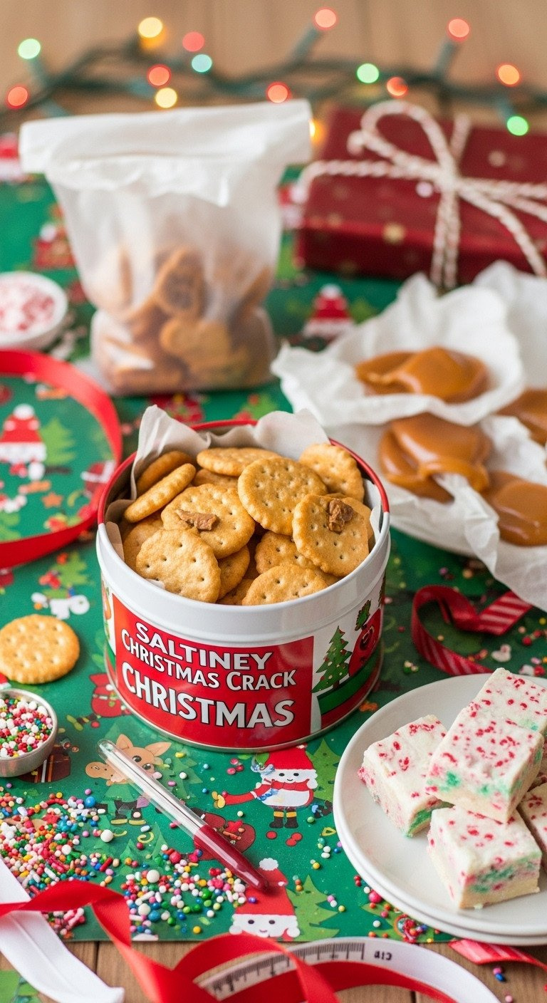 Flat Lay Of A Christmas Candy Gift Basket With Saltine Toffee, Peppermint Fudge, And Soft Caramels On Festive Paper.