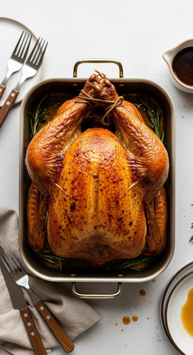 Flat Lay Of A Perfectly Roasted Golden Brown Turkey With Crispy Skin, Fresh From The Oven In A Roasting Pan. Thanksgiving Feast.