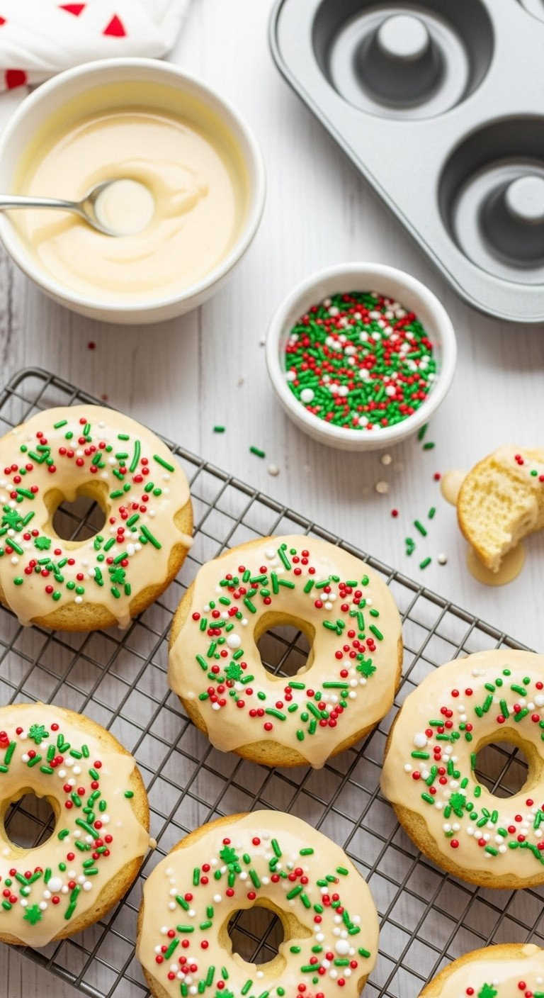Flat Lay Of Baked Eggnog Donuts With Thick Glaze And Festive Sprinkles On A Cooling Rack, A Fun Christmas Breakfast Recipe.