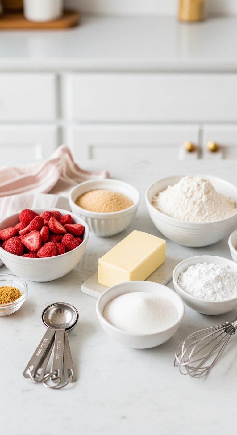 Flat Lay Of Baking Ingredients Including Freeze-Dried Strawberries, Butter, Flour, And Sugars On A Light Marble Countertop.