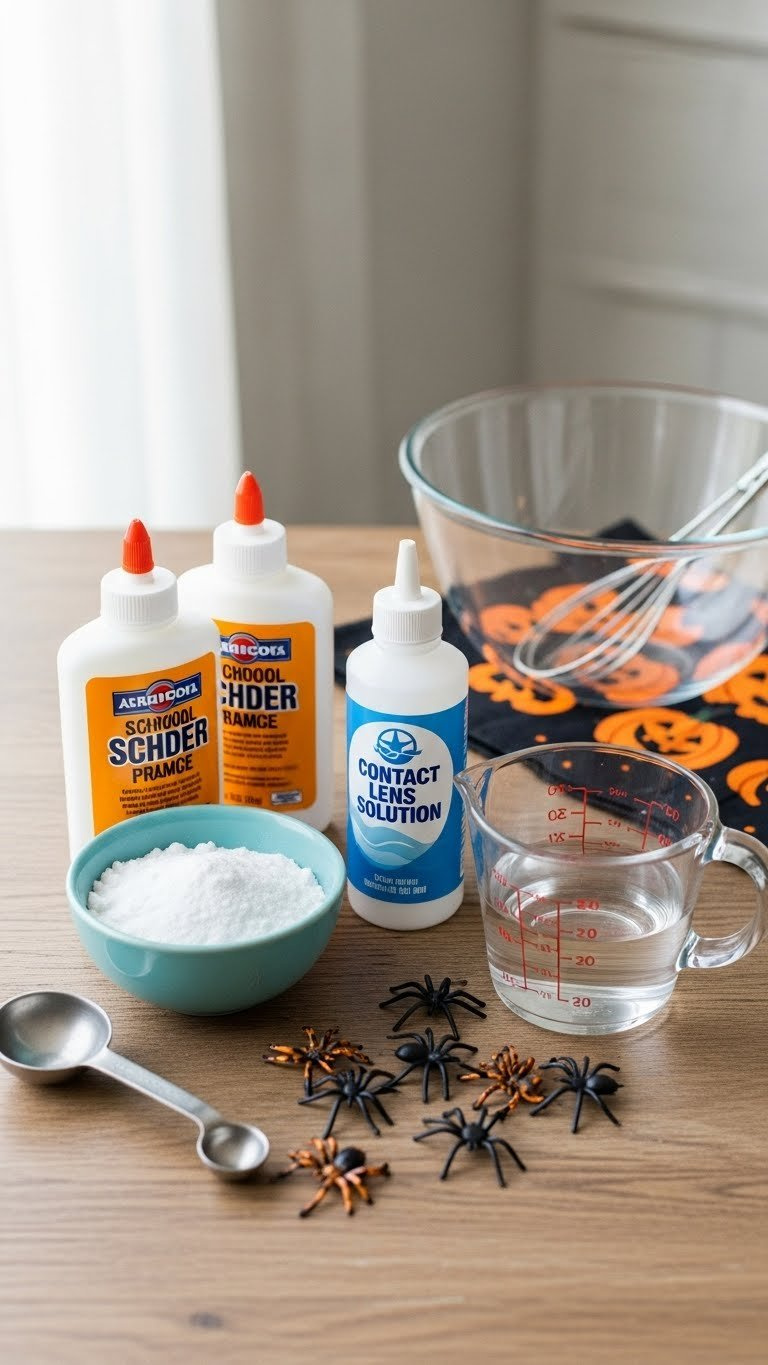Flat Lay Of Baking Soda Spider Web Slime Ingredients Including White Glue Bottles, Baking Soda, Contact Solution, And Plastic Spiders Arranged On Rustic Wooden Table