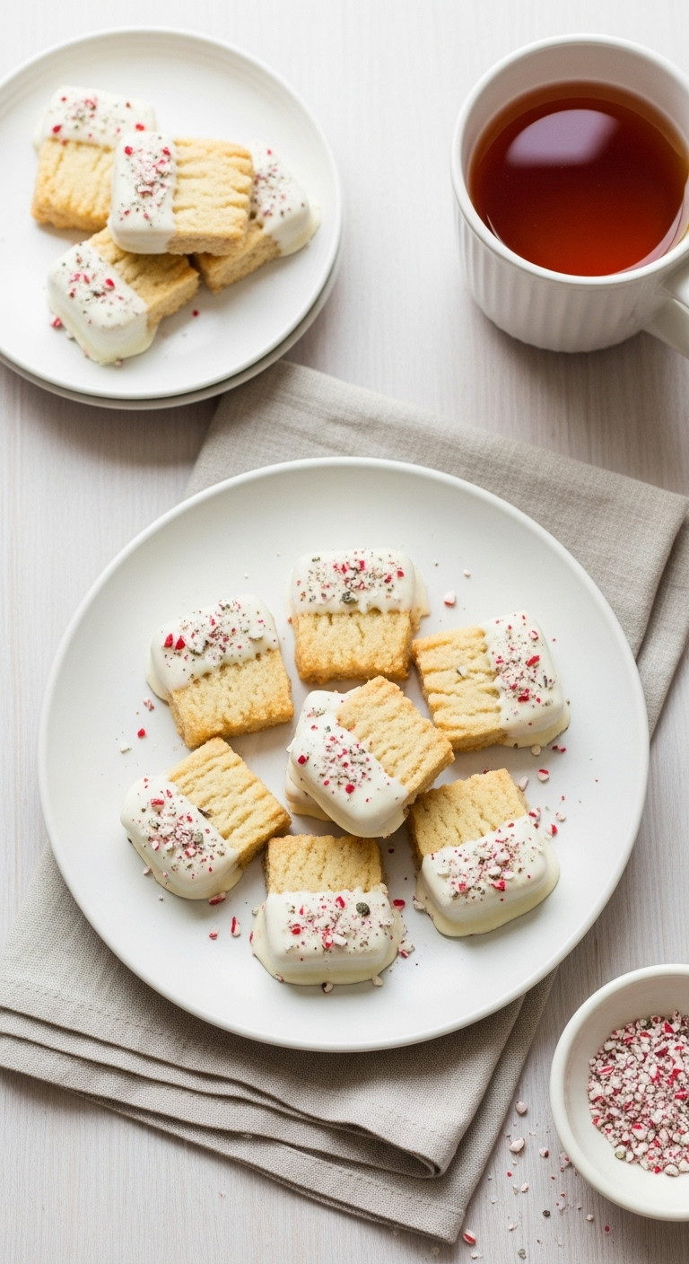 Flat Lay Of Buttery Peppermint Shortbread Cookie Bites Dipped Halfway In White Chocolate And Sprinkled With Candy.