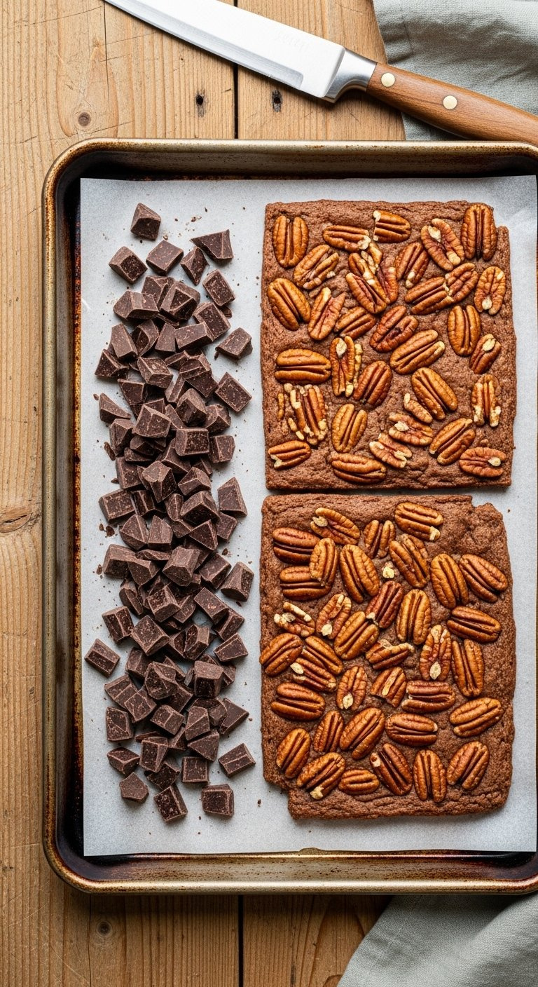Flat Lay Of Chopped Dark Chocolate Chunks And Toasted Pecans Arranged On Parchment Paper With A Chef's Knife.