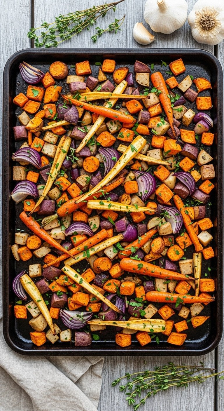 Flat Lay Of Colorful Roasted Carrots, Parsnips, Sweet Potatoes, Red Onions With Herbs On A Dark Metal Baking Sheet, Ready To Serve.