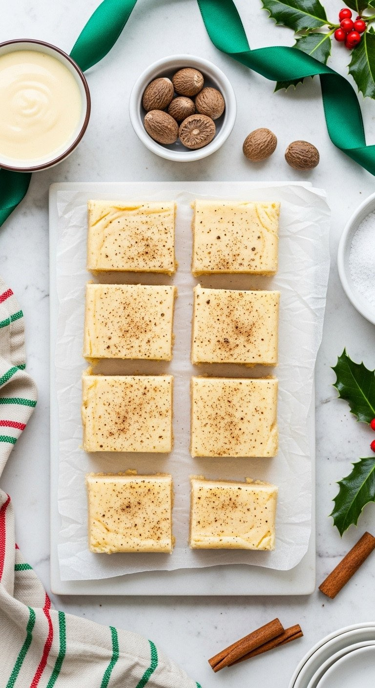Flat Lay Of Creamy Eggnog Fudge Squares Dusted With Nutmeg On Parchment Paper, A Simple And Festive Christmas Candy Recipe.