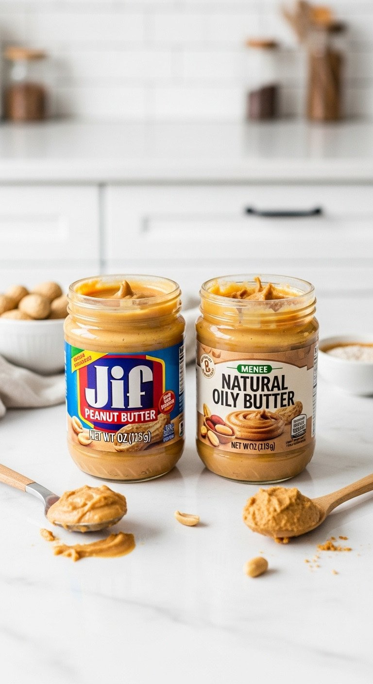 Flat Lay Of Creamy Processed And Natural Oily Peanut Butter Jars With Spoonfuls Showing The Different Textures On Marble.