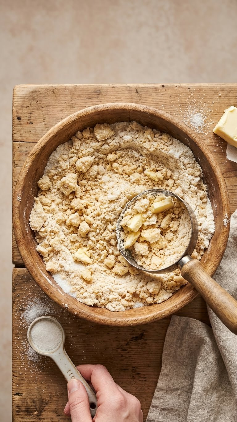 Flat Lay Of Crumble Topping Ingredients: Flour, Sugar, Butter Mixture In Wooden Bowl With Pastry Cutter For Baking Prep.