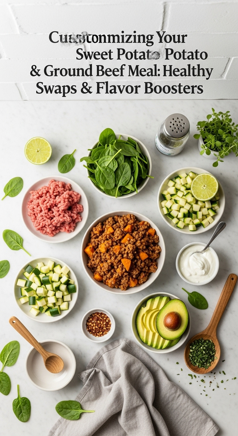 Flat Lay Of Customization Options For Sweet Potato And Ground Beef Meal With Turkey Spinach Zucchini Avocado Greek Yogurt And Chili Flakes