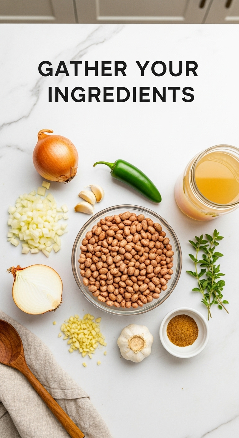 Flat Lay Of Dried Pinto Beans Chopped Onion Garlic Jalapeno Cumin Oregano And Chicken Broth On A Marble Countertop