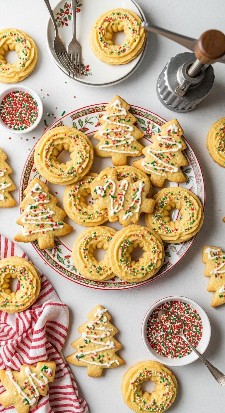 Flat Lay Of Festive Nut-Free Spritz Cookies In Tree And Wreath Shapes With Colorful Sprinkles On A Holiday Plate.