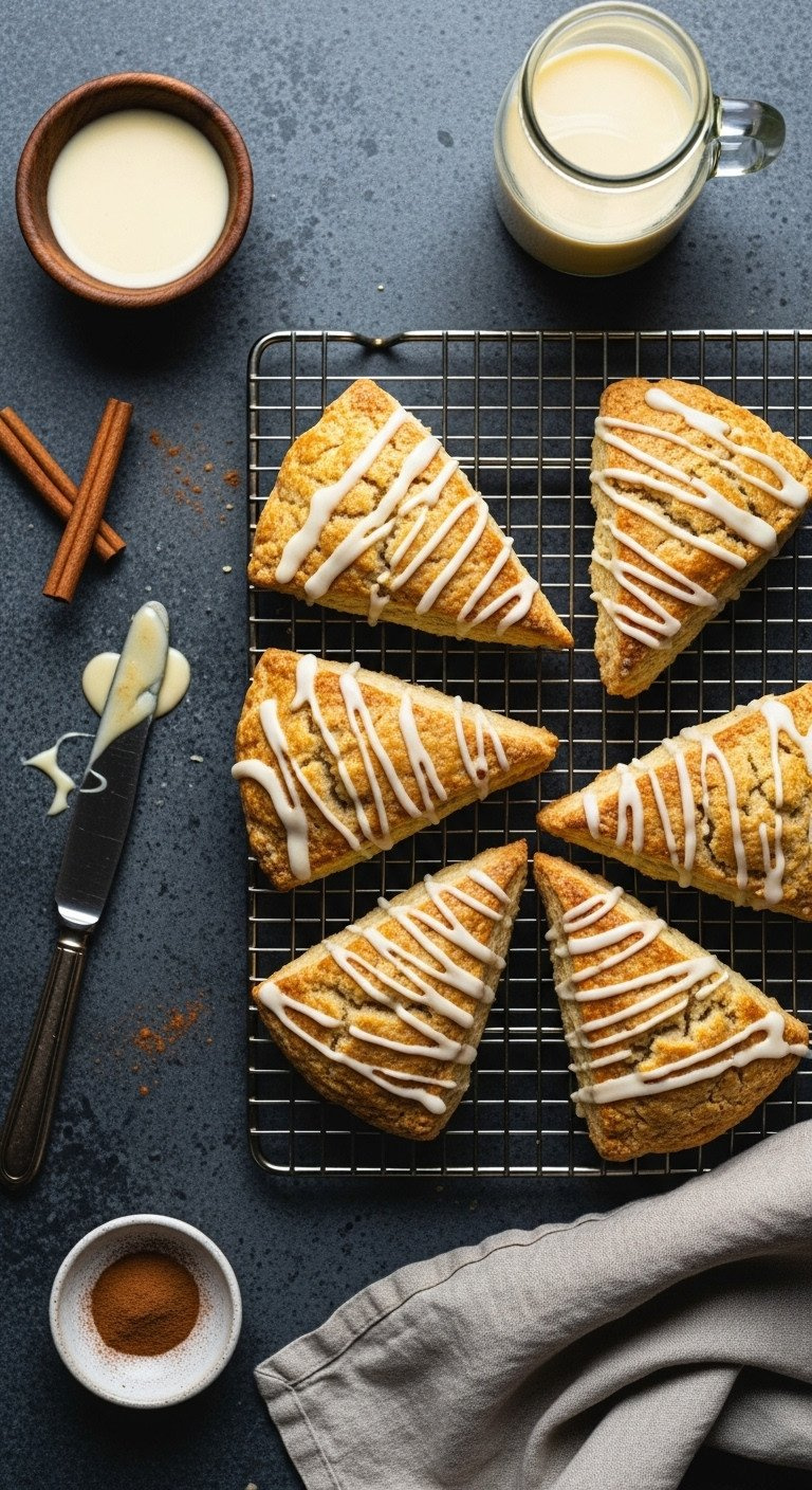Flat Lay Of Flaky, Golden-Brown Eggnog Scones With A Sweet Cinnamon Glaze, Arranged On A Cooling Rack For A Holiday Recipe.
