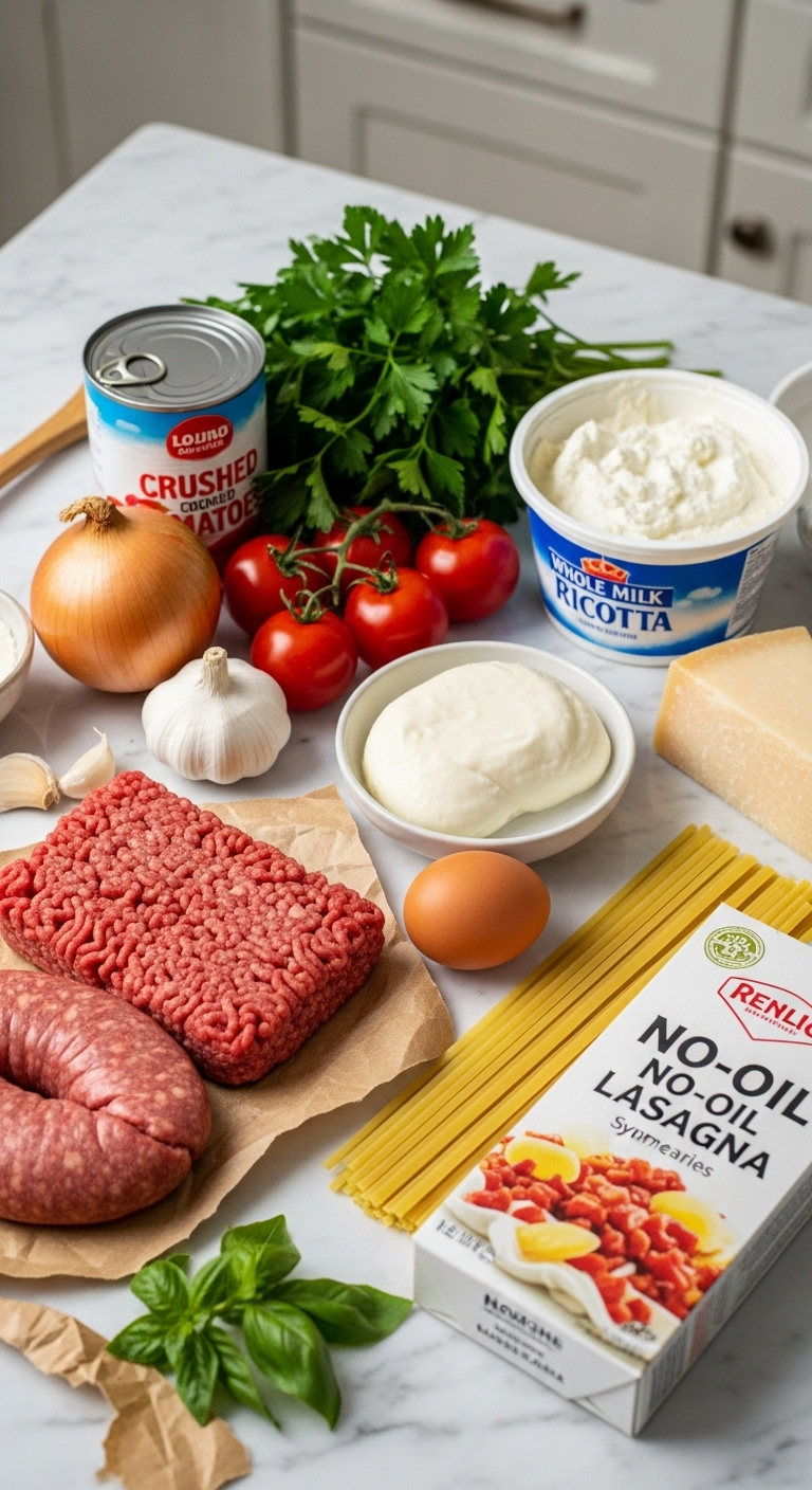 Flat Lay Of Fresh Lasagna Ingredients Including Ground Beef Ricotta Mozzarella Parmesan Egg Noodles And Herbs On Marble Countertop