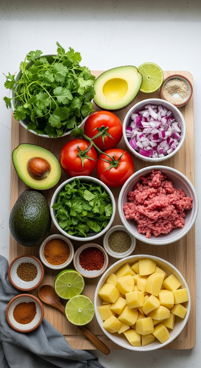 Flat Lay Of Fresh Vibrant Ingredients For Potato Taco Bowl On Wood Cutting Board With Spices And Lime