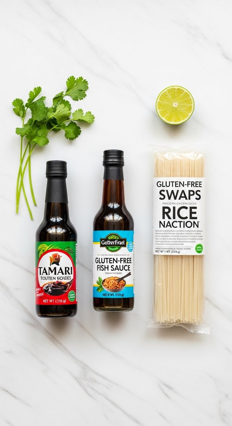 Flat Lay Of Gluten-Free Thai Cooking Ingredients Including Tamari, Fish Sauce, Rice Noodles, Cilantro, And Lime.