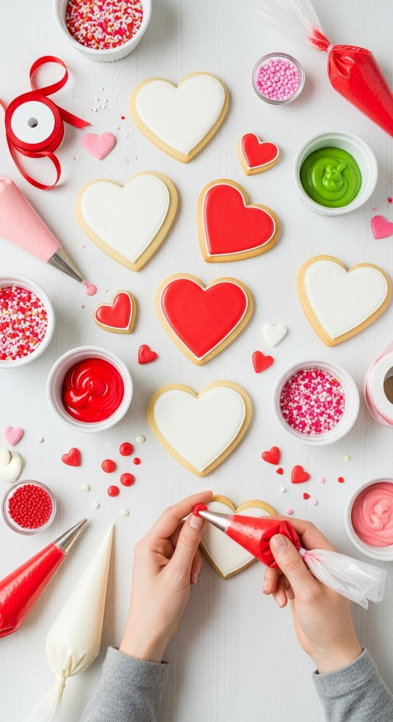 Flat Lay Of Heart-Shaped Cookies, Royal Icing, Colorful Sprinkles, Piping Bags On Light Wood. Joyful Valentine's Day Cookie Decorating.