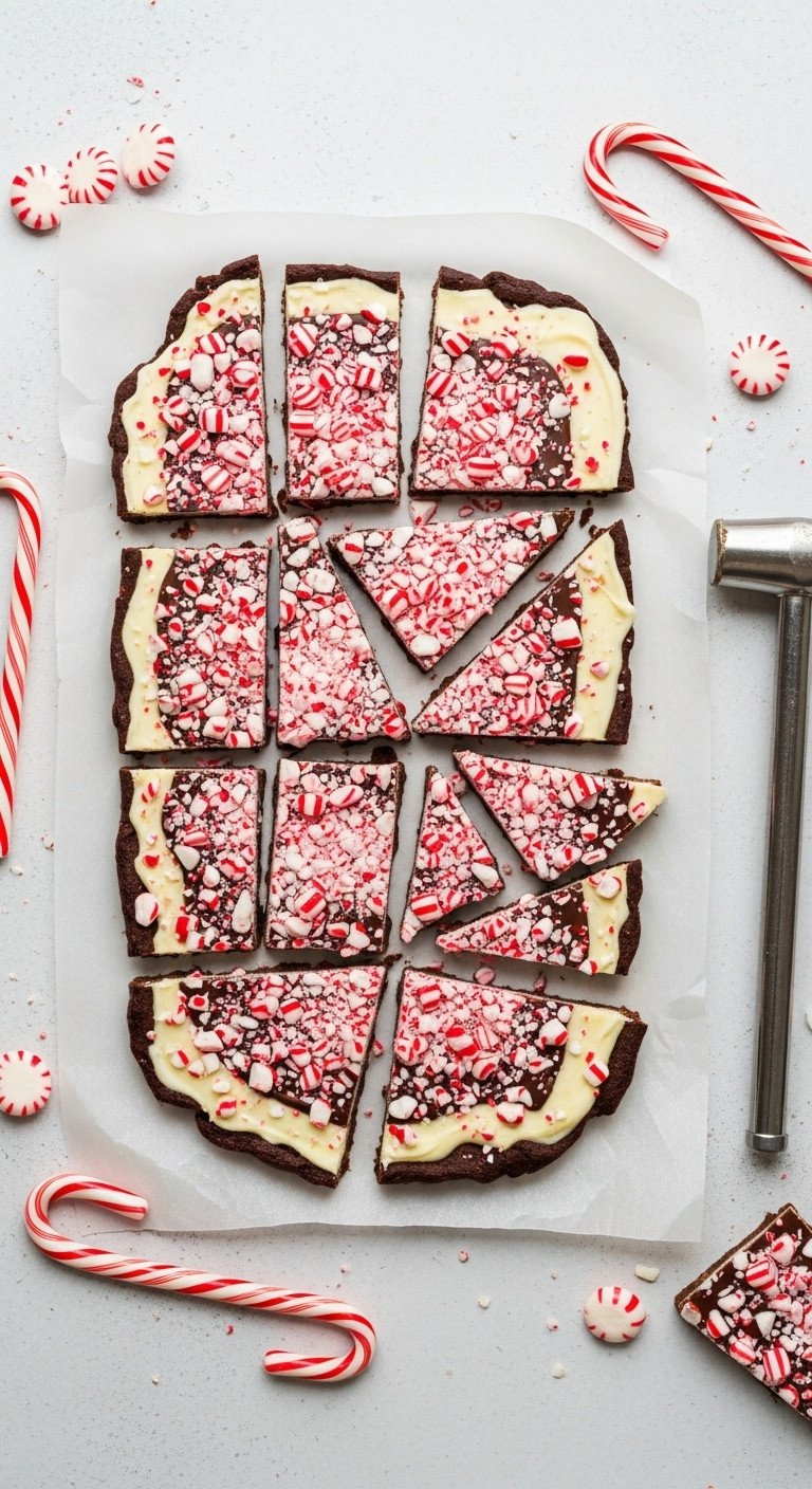 Flat Lay Of Homemade Peppermint Bark On Parchment Paper, Showing Layers Of Dark And White Chocolate With Crushed Candy.