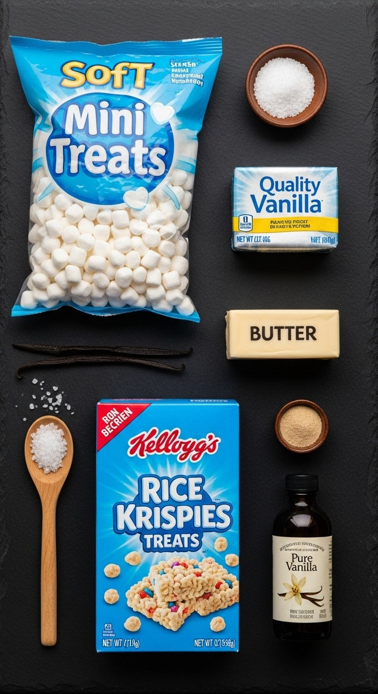 Flat Lay Of Ingredients For Rice Krispie Treats: A Box Of Cereal, Mini Marshmallows, Butter, And Vanilla On Slate.