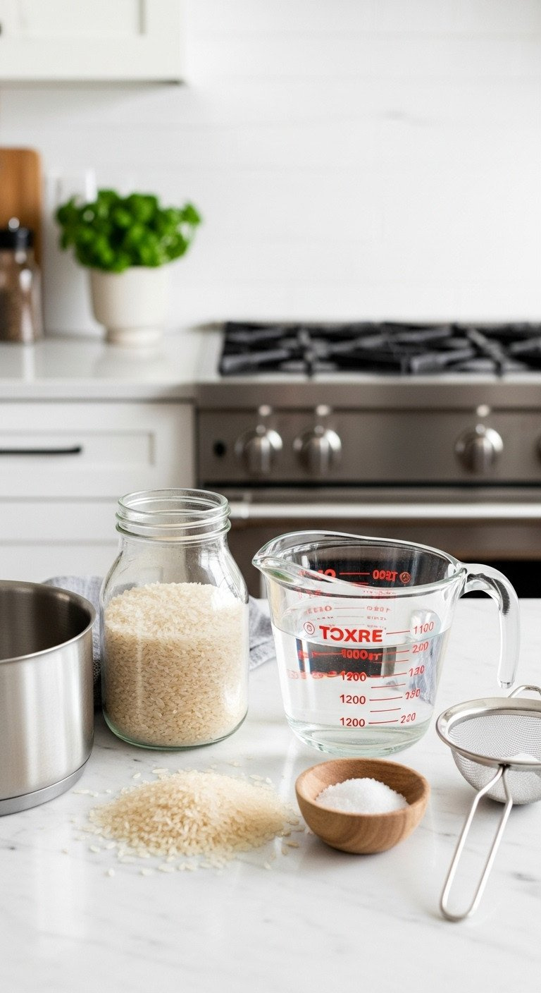 Flat Lay Of Ingredients For Cooking Rice On A Marble Counter: Dry White Rice, Water, Salt, A Saucepan, And A Sieve.