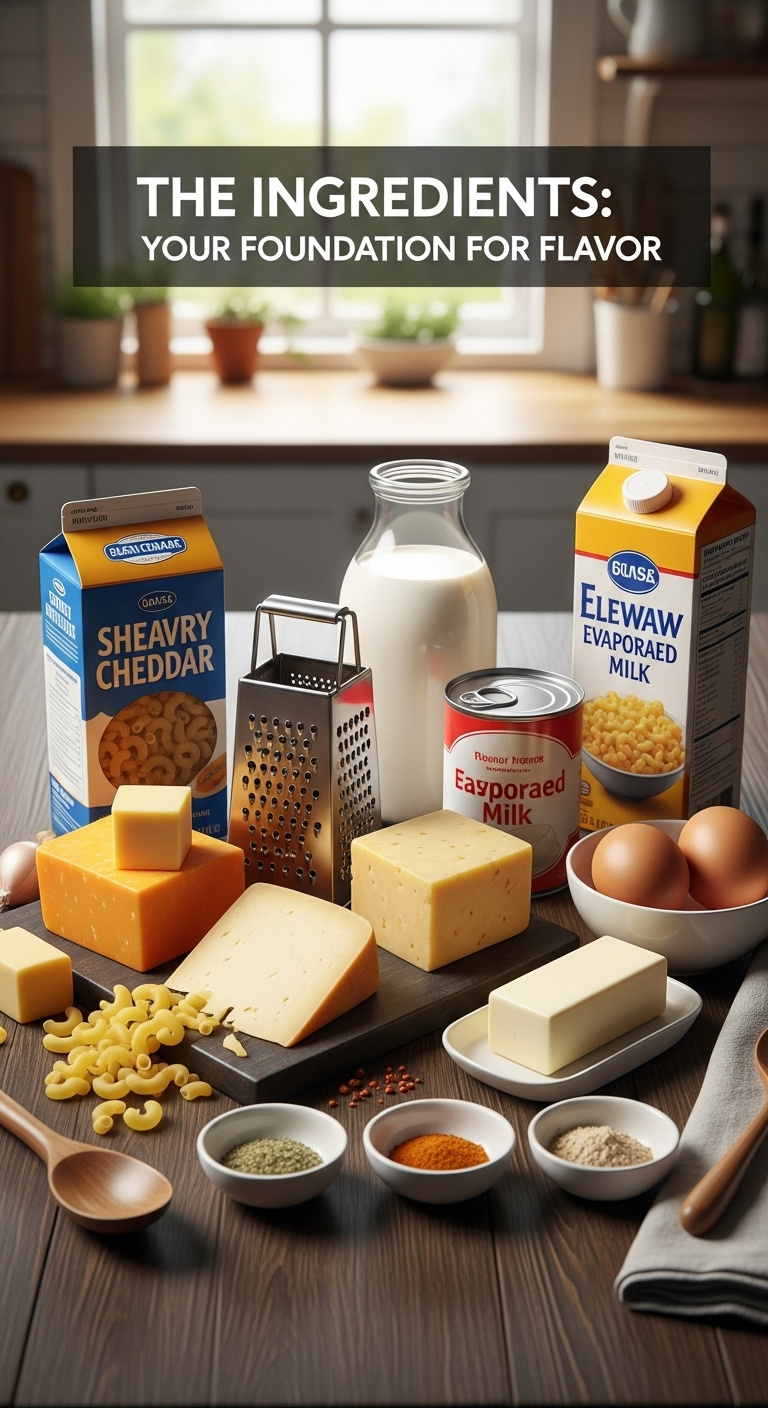 Flat Lay Of Ingredients For Soul Food Southern Baked Mac And Cheese Including Multiple Cheeses Heavy Cream Evaporated Milk And Spices
