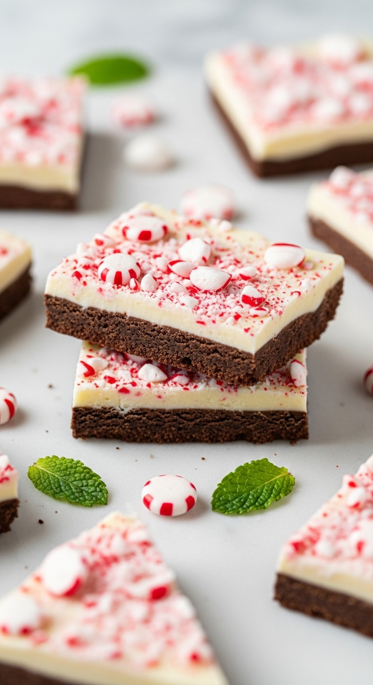 Flat Lay Of Keto Peppermint Bark Pieces On A White Marble Slab, Showing Chocolate Layers And Crushed Peppermint Candy.