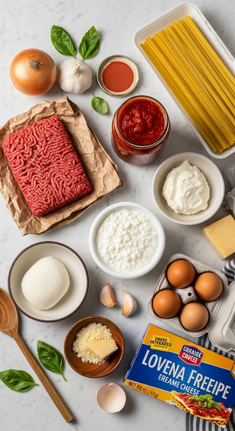 Flat Lay Of Lasagna Ingredients Including Ground Beef Marinara Cottage Cheese Mozzarella Parmesan Eggs Noodles Onion Garlic And Basil On Marble