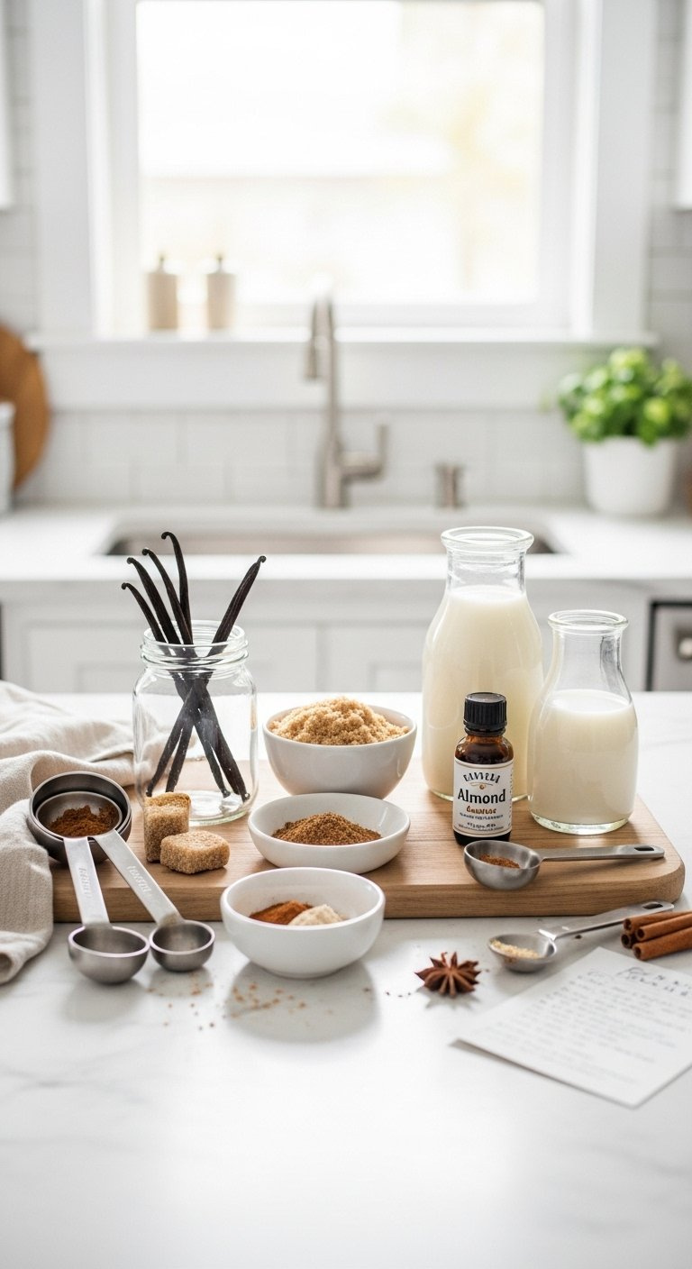 Flat Lay Of Latte Customization Ingredients Including Vanilla Beans, Brown Sugar, Spices, And Milk Options.