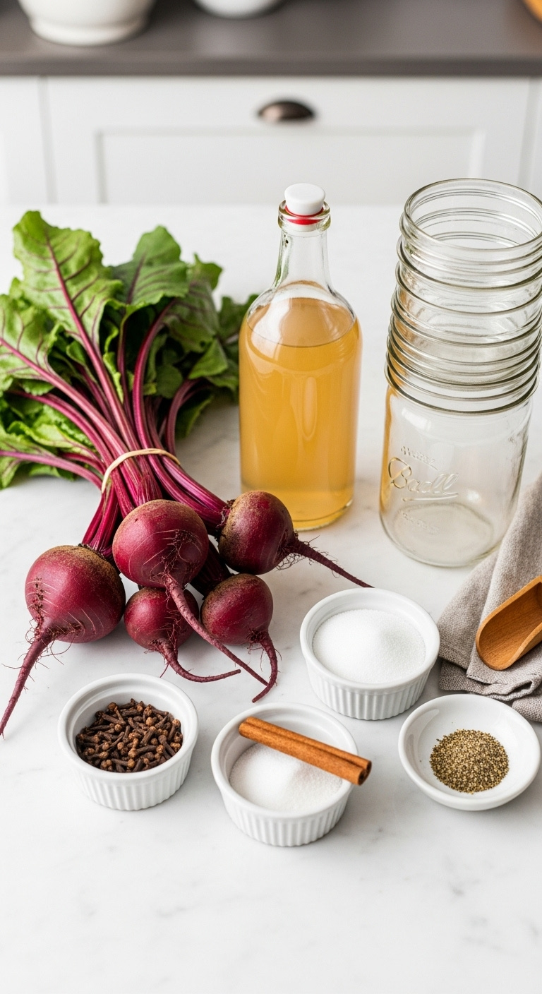 Flat Lay Of Pickled Beets Ingredients Like Fresh Beets Apple Cider Vinegar Sugar Salt Cloves And Canning Jars On A Marble Countertop