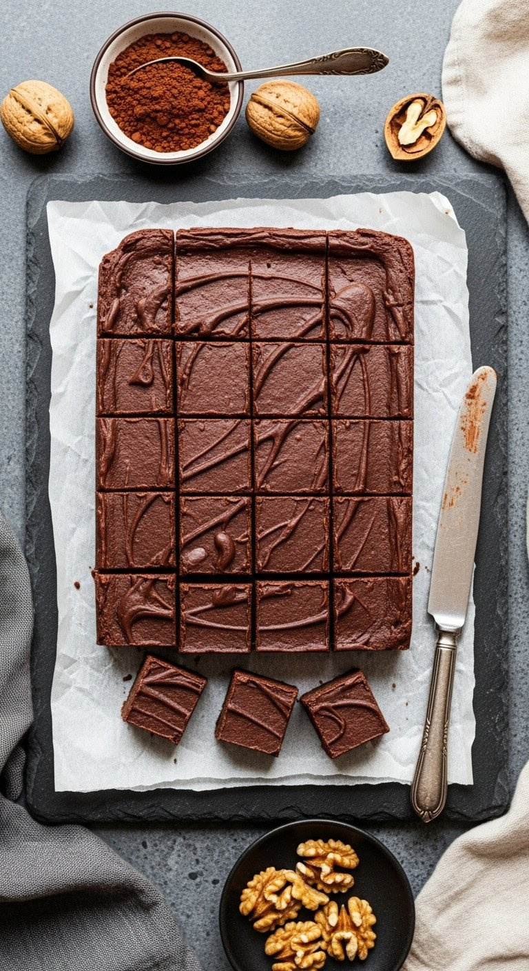 Flat Lay Of Rich Dark Chocolate Fudge Squares Arranged On Parchment Paper With Cocoa Powder And Walnuts On A Slate Surface.
