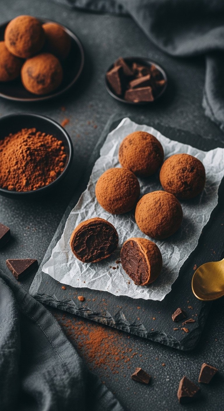 Flat Lay Of Rich Vegan Chocolate Truffles Dusted With Cocoa Powder On Dark Parchment Paper With A Small Gold Spoon Nearby.