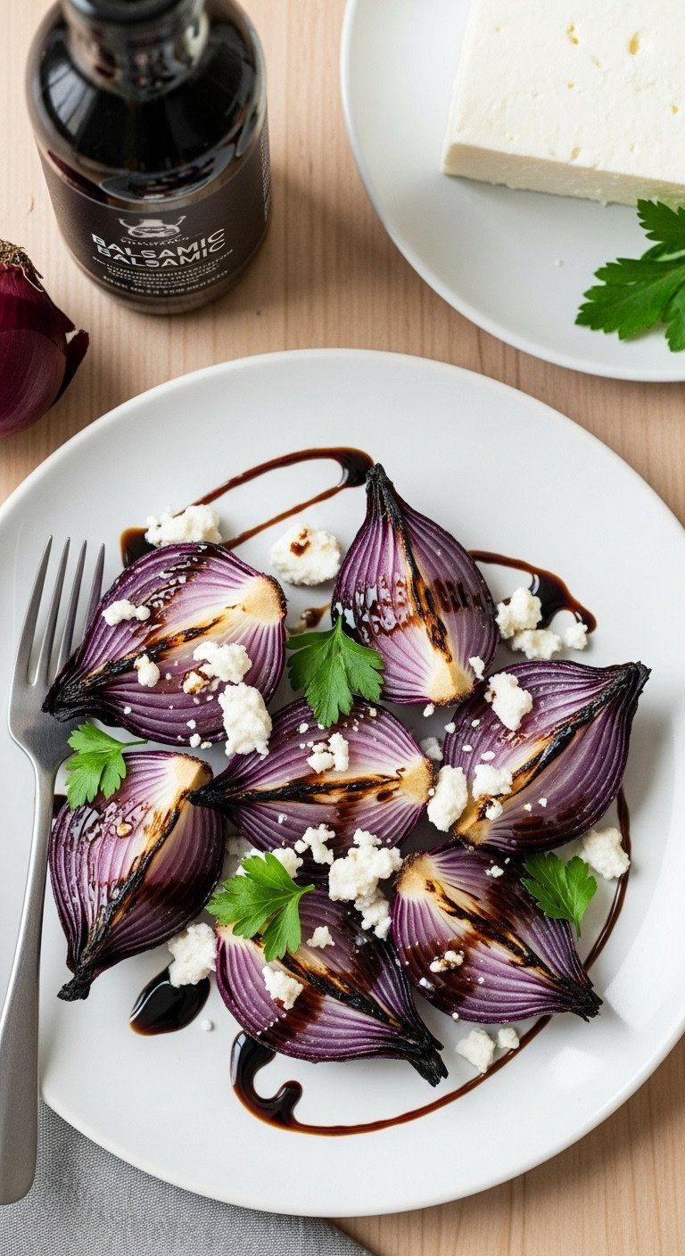Flat Lay Of Roasted Red Onion Wedges With Balsamic Glaze, Feta, Parsley On A White Plate, Light Wood Background, Elegant Side.