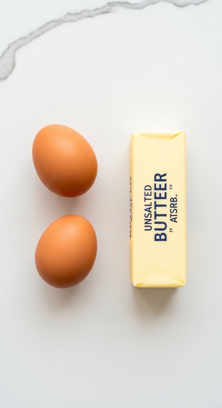 Flat Lay Of Room Temperature Brown Eggs And Unwrapped Stick Of Butter On A White Quartz Countertop.
