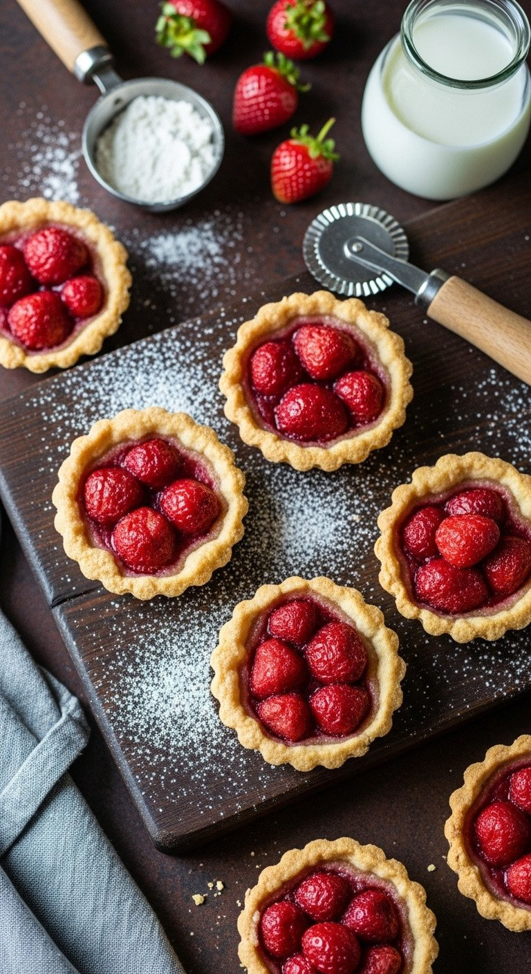 Flat Lay Of Rustic Strawberry Shortbread Tarts With Caramelized Strawberries, Powdered Sugar, And Loose Berries On Wood.