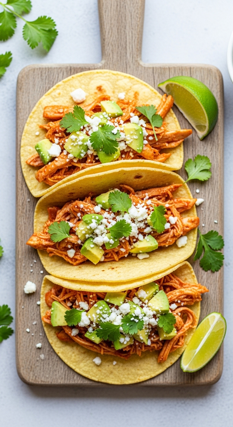 Flat Lay Of Slow Cooker Shredded Chicken Tacos With Avocado Cilantro And Cotija Cheese