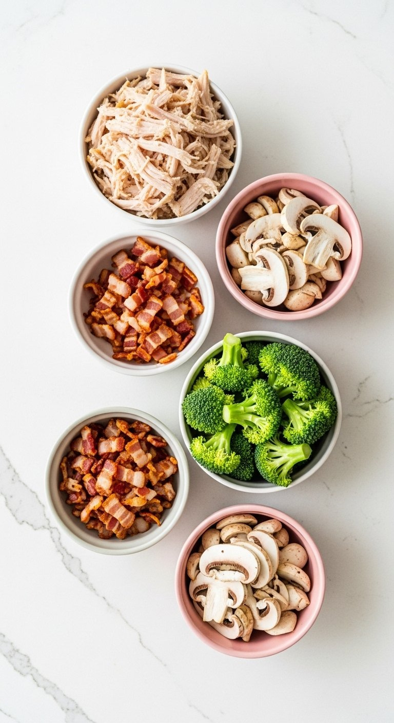 Flat Lay Of Small Bowls Containing Shredded Turkey, Bacon, Broccoli, And Mushrooms On A White Counter.