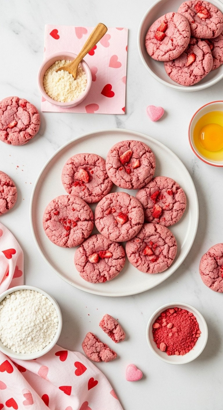 Flat Lay Of Soft, Chewy Pink Strawberry Cake Mix Cookies With Ingredients And Heart Candy On A White Marble Countertop.