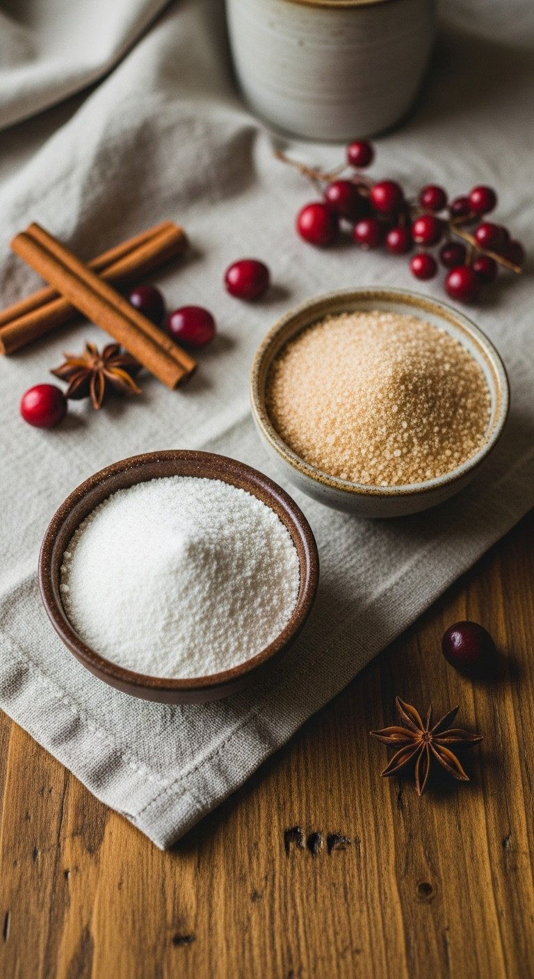 Flat Lay Of Two Rustic Bowls With Powdered Erythritol-Monk Fruit Blend And A Granular Sweetener On A Wooden Table.