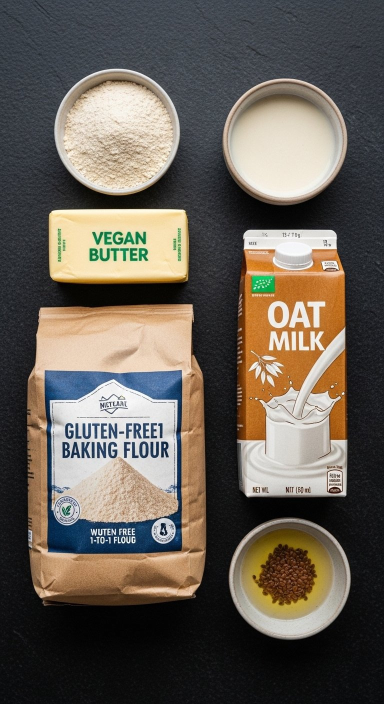 Flat Lay Of Vegan Gluten-Free Baking Ingredients Including Flour, Vegan Butter, Oat Milk, And A Flax Egg.