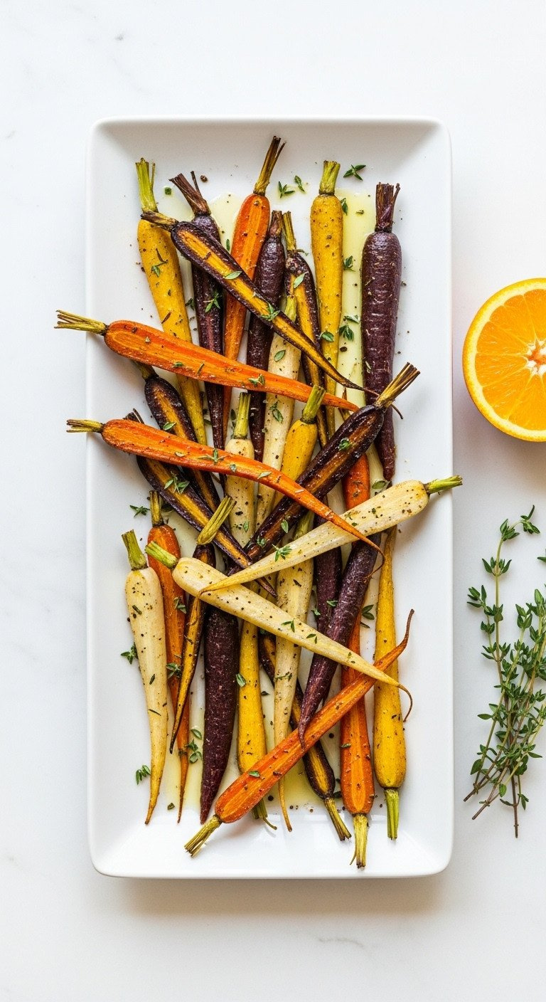 Flat Lay Of Vibrant Whole Roasted Rainbow Carrots With Thyme On A White Platter, Marble Surface, Elegant Side Dish.